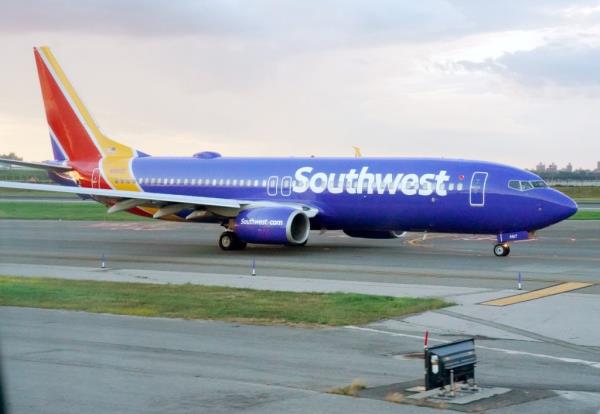A general view of a Southwest Airlines airplane as seen at LaGuardia Airport in Queens, NY on August 23, 2022.