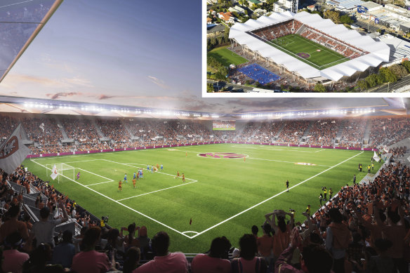 The state government has rejected a petition calling for a mid-size stadium,  such as this Football Queensland vision, at Perry Park in Bowen Hills.